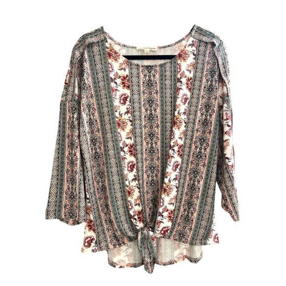 Boho Chic Floral Hippie Tie Front Blouse Gypsy Maroon Mauve Printed Blouse XL - Picture 1 of 7